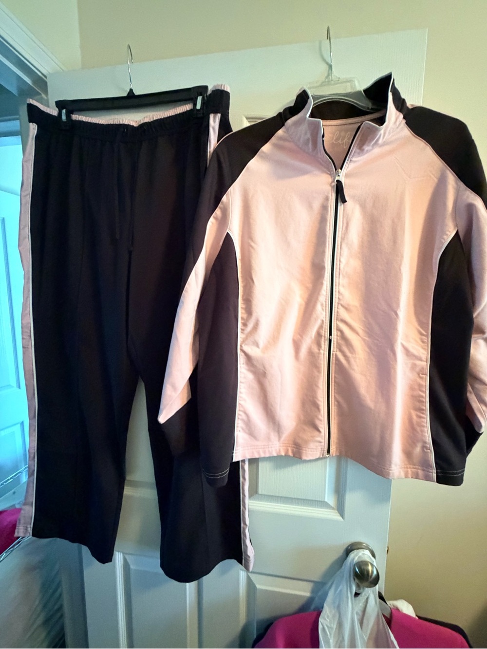 Pink and Black Zip Front Athletic Jacket & Pants Set